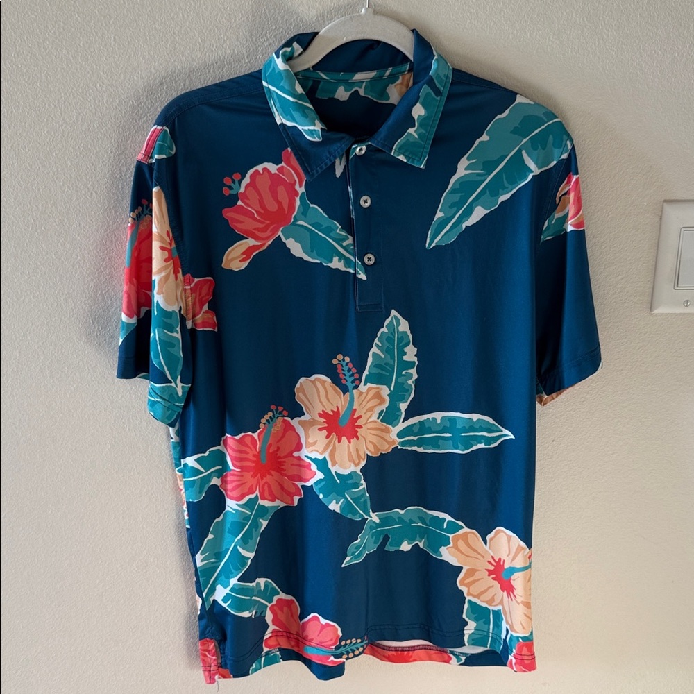 chubbies Teal Floral Polo with Coral and Cream Hibiscus